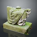 Animal Stone Sculpture Moss Covered with Decorative Robe Details on Stone Base