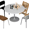 Round White Marble Dining Table Set With Various Colored Chairs And Decorative Vase 3d model
