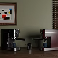 Modern Coffee Machines Silver And Red On Wooden Countertop With Decorative Painting And Window Blinds
