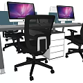 Modern Office Desk Setup With Two Computer Monitors Black Mesh Chairs And Central Cabinet 3d model