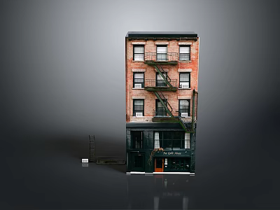 Red Brick Building Model Multi Story With Balconies And Black Storefront 3d model