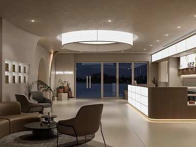 Modern Minimalist Café Interior With Sofa Chairs Counter Circular Ceiling Light And Floor To Ceiling Windows 3d model