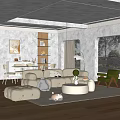 Modern Living Dining Room Interior With Beige Sofa Poufs Green Chair Stuffed Toys Artwork And Windows