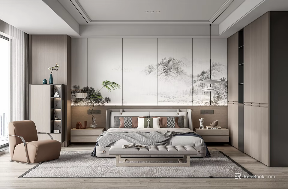Elegant Modern Bedroom Interior With Comfortable Bed Nightstands Decorative Painting And Wardrobe 3d model 