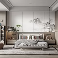 Elegant Modern Bedroom Interior With Comfortable Bed Nightstands Decorative Painting And Wardrobe