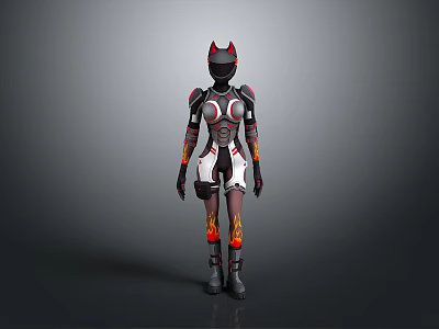 Futuristic Warrior Character In White Black Armored Outfit With Red Helmet And Flame Patterns 3d model