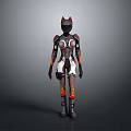 Futuristic Warrior Character In White Black Armored Outfit With Red Helmet And Flame Patterns