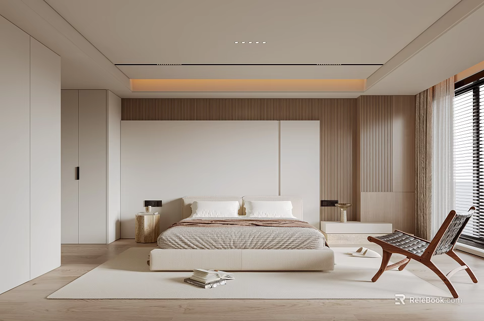 Modern Minimalist Bedroom Interior Design With Beige Wooden Elements King Size Bed And Wardrobe 3d model 