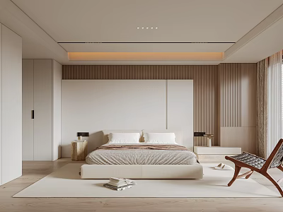 Modern Minimalist Bedroom Interior Design With Beige Wooden Elements King Size Bed And Wardrobe 3d model