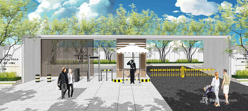Entrance Gate with Security Booth Guard Pedestrians Trees and Blue Sky View 3d model 