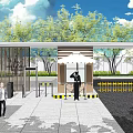 Entrance Gate with Security Booth Guard Pedestrians Trees and Blue Sky View