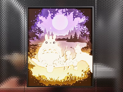 Luminous Totoro Paper Cut Decorative Painting With Moon Trees Grass And Characters 3d model