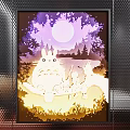 Luminous Totoro Paper Cut Decorative Painting With Moon Trees Grass And Characters