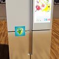 Stainless Steel Double Door Refrigerator With Fruit Display On Wooden Countertop
