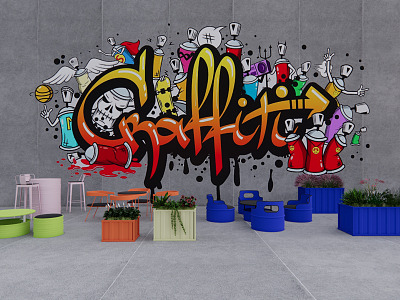 Modern Flower Box Wall Graffiti Outdoor Outside Swing Seat Iron Bucket Table and Chair Restaurant model