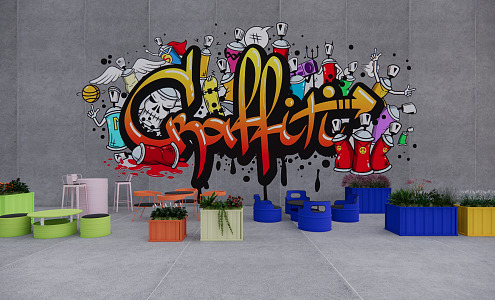 Modern Flower Box Wall Graffiti Outdoor Outside Swing Seat Iron Bucket Table and Chair Restaurant 3d model