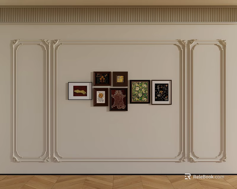 Decorative Lines On Beige Wall With Framed Artworks And Wooden Floor 3d model 