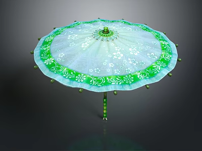 White Canopy Umbrella With Green Decorative Trim And Floral Patterns For Daily Life 3d model