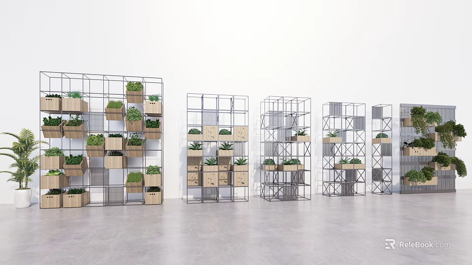 Modern Indoor Hanging Basket Plants In Wooden Planters On Metal Grid Shelves 3d model 