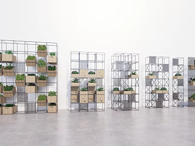Modern Indoor Hanging Basket Plants In Wooden Planters On Metal Grid Shelves 3d model