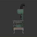Vintage Style Green Stove Featuring Metal Parts Knobs And Decorative Stand