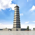 Traditional Multi story Pagoda With Surrounding Square Wall And Trees Under Blue Sky