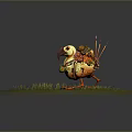 Cartoon Bird Game Character With Backpack Holding Baton on Green Grass with Small Flowers