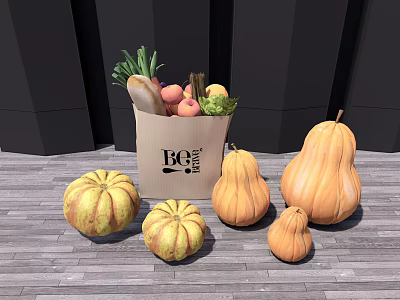 Fresh Pumpkins of Various Sizes and Shapes with Paper Bag on Wooden Floor 3d model