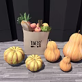 Fresh Pumpkins of Various Sizes and Shapes with Paper Bag on Wooden Floor