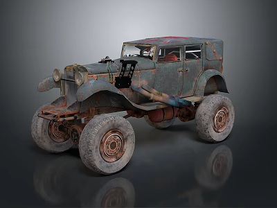 Vintage Rusted Car With Large Off Road Tires And Weathered Exterior Design 3d model