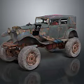 Vintage Rusted Car With Large Off Road Tires And Weathered Exterior Design