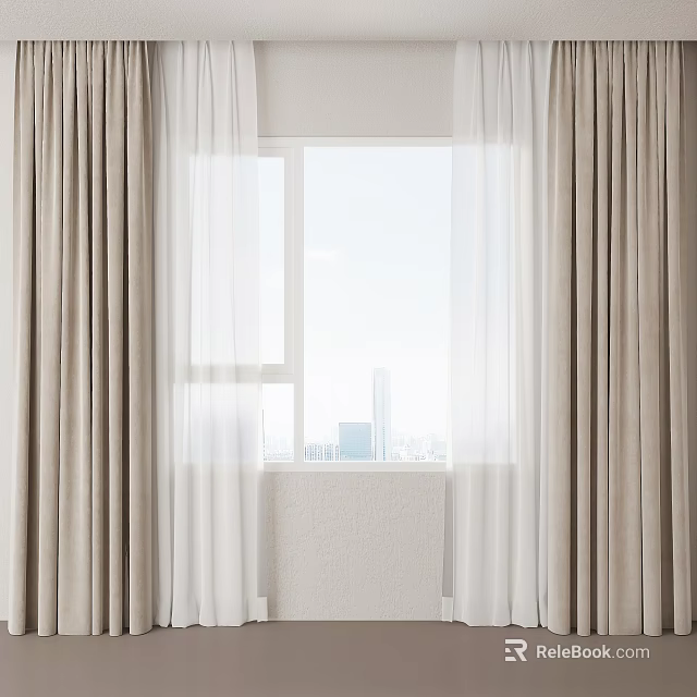 Beige And White Curtains For Window With Modern City View And Sheer Panels 3d model 