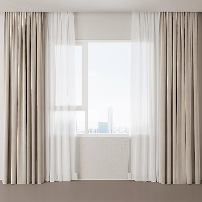 Beige And White Curtains For Window With Modern City View And Sheer Panels 3d model
