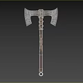 Double Edged Battle Axe Weapon With Decorative Carved Handle And Metal Blades