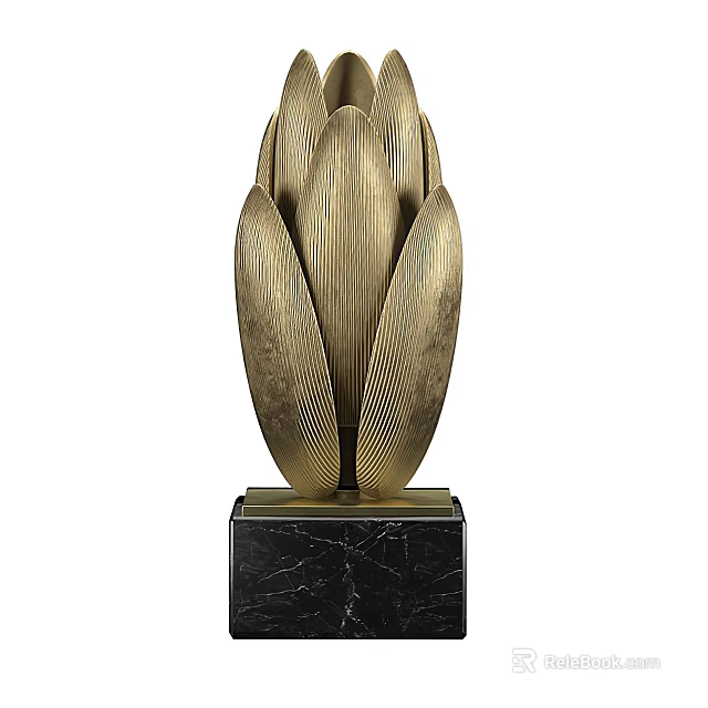 Sculptural Golden Petal Design Decorative Ornament Set With Black Marble Base 3d model 