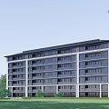 Modern Multi Story Building Exterior With Blue Sky Large Glass Windows Green Belt And Pedestrians