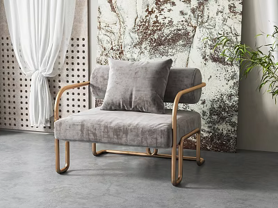 Single Seater Sofa Grey Velvet Upholstered with Gold Metal Frame and Abstract Art Painting 3d model
