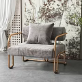 Single Seater Sofa Grey Velvet Upholstered with Gold Metal Frame and Abstract Art Painting