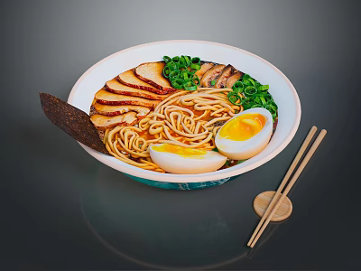Delicious Ramen Bowl Topped With Sliced Pork Soft Boiled Eggs Green Onions And Chopsticks 3d model