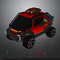 Red And Black Off Road Vehicle With Yellow Accents Roof Rack And Futuristic Design
