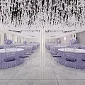 Elegant Banquet Hall Featuring White Chandeliers Purple Decorations White Stage And Tables Chairs