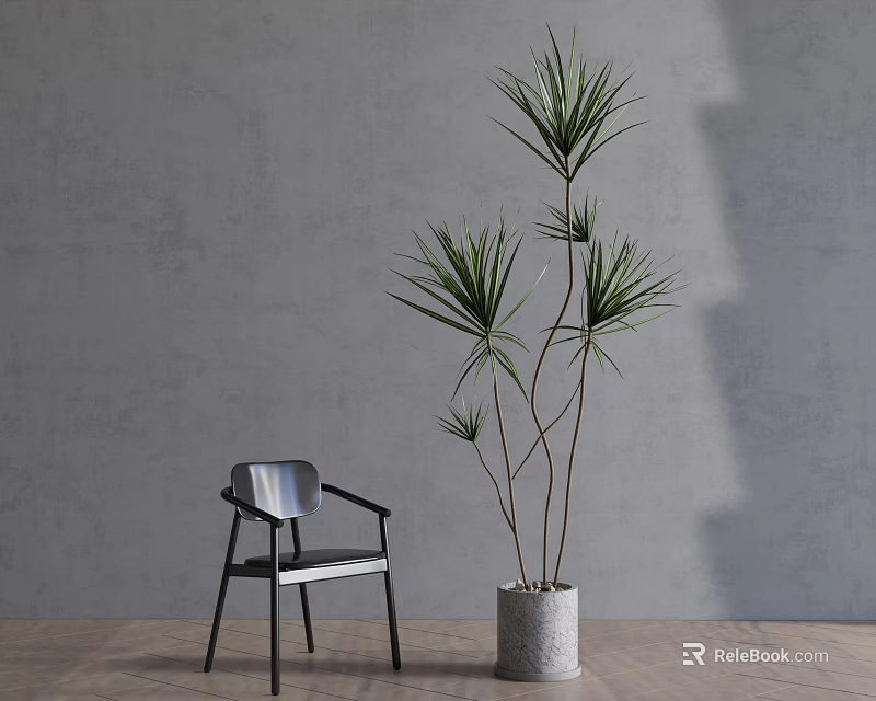 Stylish Leisure Chair With Tall Plant Against Gray Wall On Wooden Floor 3d model 