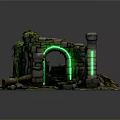 Mystical Stone Archway Scene With Green Neon Lights Moss And Pipes