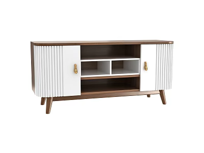 Modern White and Walnut Bookcase with Ribbed Doors Gold Handles and Open Shelves 3d model