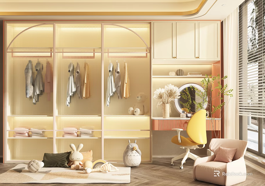 Elegant Modern Wardrobe Interior With Glass Doors Hanging Area And Dressing Table 3d model 
