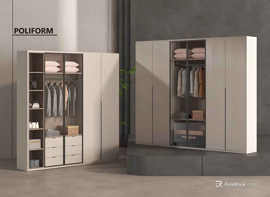 Modern Neutral Toned Wardrobe With Hanging Rods Drawers And Organized Clothes 3d model 