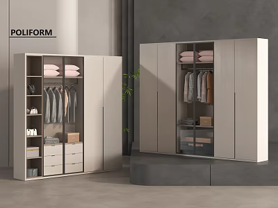 Modern Neutral Toned Wardrobe With Hanging Rods Drawers And Organized Clothes 3d model
