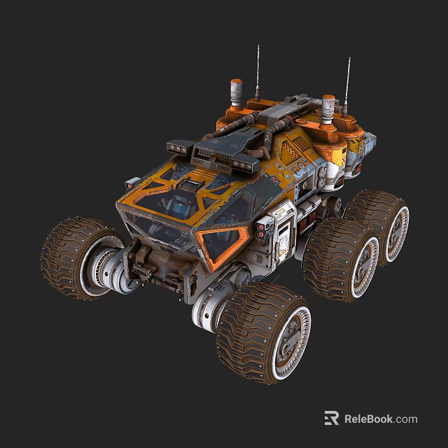 Futuristic Orange Black Off Road Vehicle With Large Tires Antennas And Mechanical Design 3d model 