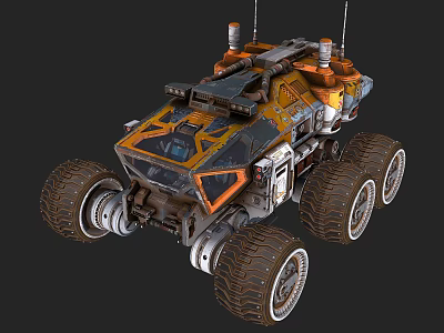 Futuristic Orange Black Off Road Vehicle With Large Tires Antennas And Mechanical Design 3d model