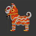 Chinese Lion Dance Statue With Red Gold Patterns And Decorative Banner
